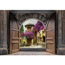 3D-Fototapete mit Blick auf eine antike Stadt und Schlosstüren.