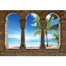 3D-Fototapete mit Blick auf einen Strand mit Palmen, weichem Sand und einem endlosen Meer, was jedem Raum Tiefe und Realismus verleiht.