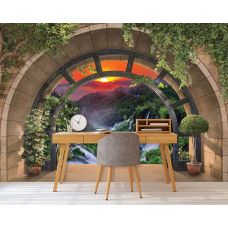 Eine Fototapete mit einer 3D-Ansicht von Dünen, Strand und Meer bei Sonnenuntergang, ideal für verschiedene Räume.