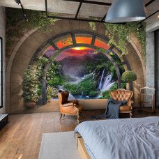 Eine Fototapete mit einer Strandlandschaft bei Sonnenuntergang, perfekt für ein Kinderzimmer.