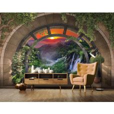 Eine Fototapete mit einer Strandlandschaft bei Sonnenuntergang, gedruckt auf Vliestapete, geeignet für ein Wohnzimmer.