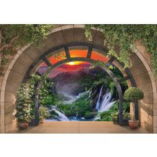 Fototapete mit einer 3D-Ansicht von Wasserfällen in einer üppigen Landschaft.