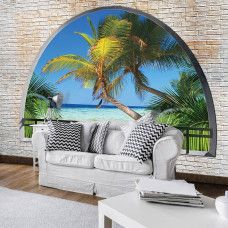 3D-Fototapete von tropischen Palmen und einem exotischen Strand, sichtbar in einem Wohnzimmer.