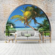 3D-Fototapete mit einer Ansicht von tropischen Palmen und einem Sandstrand, vor einer Steinwand, geeignet für das Schlafzimmer.