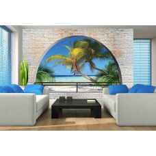 3D-Fototapete mit einer tropischen Ansicht von Palmen und einem weißen Sandstrand, ideal für das Wohnzimmer.