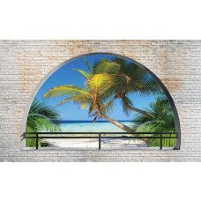 3D-Fototapete mit einer Ansicht von einem tropischen Strand mit Palmen und einer Steinwand, ideal für eine stimmungsvolle Wanddekoration.