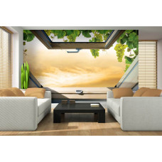 Eine Fototapete mit einer Ansicht von Weinreben durch ein Fenster.