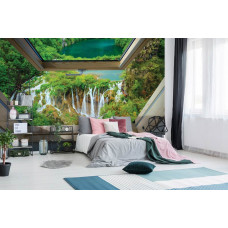 Eine Fototapete mit einem Dachfenster Blick auf einen Wasserfall, perfekt für das Schlafzimmer.