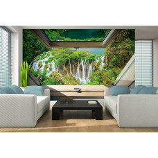 Eine Fototapete mit einem großen Wasserfall durch ein Fenster für das Wohnzimmer.