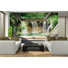 Eine 3D-Fototapete mit Blick auf einen großen Wasserfall durch ein Fenster für das Wohnzimmer.