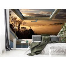 Eine 3D-Fototapete mit Blick auf einen nebligen Wald, ideal für das Schlafzimmer.