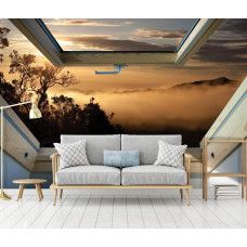 Eine Fototapete mit einer nebligen Waldlandschaft durch ein Fenster gesehen, perfekt für das Wohnzimmer.