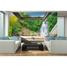 Eine Fototapete mit Blick auf einen Dschungel-Wasserfall durch ein Oberlicht.