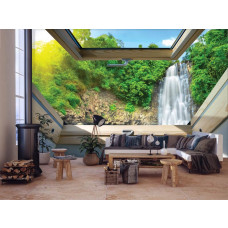 Eine Fototapete mit einem tropischen Dschungel-Wasserfall, ideal für das Schlafzimmer.