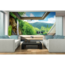 Eine Fototapete mit Wasserfällen in einer Waldlandschaft durch ein Fenster.