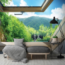 Eine 3D-Fototapete mit Wald und Wasserfällen, geeignet für das Wohnzimmer.