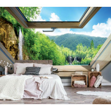 Eine Fototapete mit Wasserfällen in einer Waldlandschaft, ideal für das Schlafzimmer.