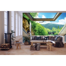 Eine Fototapete mit Blick auf einen Wald mit Wasserfällen für das Wohnzimmer.