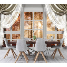 Eine Fototapete mit einem Wald in Herbstfarben mit 3D-Effekt durch ein Fenster, perfekt für die Küche.