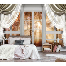 Eine Fototapete mit einem weiten Blick auf einen Herbstwald, geeignet für das Schlafzimmer.