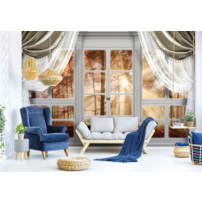 Eine Fototapete mit Blick auf einen Herbstwald durch ein Fenster, ideal für das Wohnzimmer.