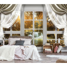 Eine Fototapete eines Wasserfalls und Herbstwaldes durch ein Fenster, ideal für das Schlafzimmer.