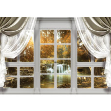 Fototapete eines Wasserfalls in einem Herbstwald mit bunten Bäumen und 3D-Effekten.