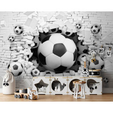 Fototapete mit Steinwand und Fußbällen, die durchbrechen, geeignet für Kinderzimmer und Kinderzimmer.