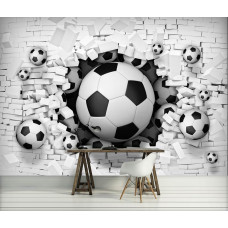 Fototapete mit Fußbällen, die durchbrechen und Steinwand, geeignet für Kinderzimmer, Schlafzimmer und Jugendzimmer.