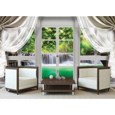 Eine Fototapete mit einem Wasserfall Blick durch ein Fenster, geeignet für das Wohnzimmer.