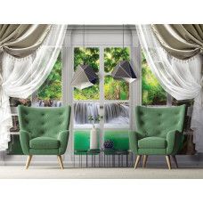 Eine Fototapete mit einem Wasserfall Blick durch ein Fenster in 3D-Effekt, perfekt für ein ruhiges Schlafzimmer.