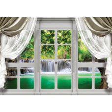 3D-Fototapete eines Wasserfalls sichtbar durch ein Fenster, mit 3D-Effekten.