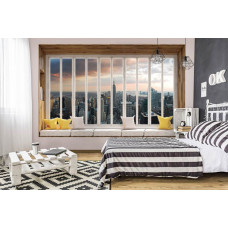 Fototapete New York durch Fenster mit Stadt Amerika im Schlafzimmer.