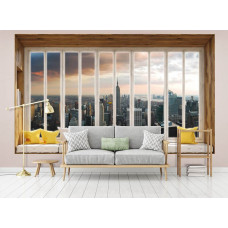 Fototapete New York durch Fenster mit Wolkenkratzern und Stadt Amerika im Wohnzimmer.