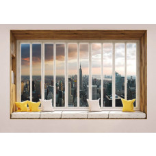 3D-Perspektive Fototapete von New York mit Wolkenkratzern durch ein Fenster gesehen.