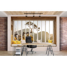 3D-Perspektive Fototapete Blick durch Fenster auf Berge und Berglandschaft im Büro.