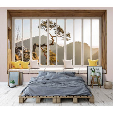 3D-Perspektive Fototapete Blick durch Fenster auf Berge und Berglandschaft im Schlafzimmer.