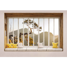 Fototapete mit Blick durch Fenster auf Berglandschaft in 3D-Perspektive.