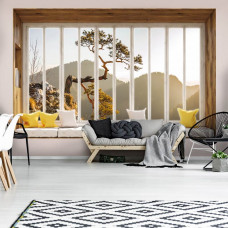3D-Perspektive Fototapete Blick durch Fenster auf Berge und Berglandschaft im Wohnzimmer.