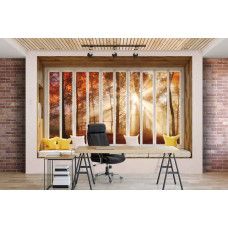 3D-Perspektive Fototapete Blick durch Fenster auf Wald im Büro.