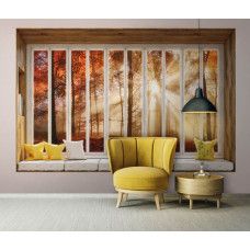 3D-Perspektive Fototapete Blick durch Fenster auf Wald im Wohnzimmer.