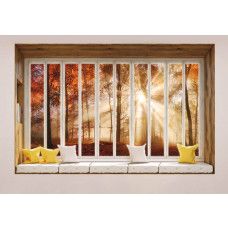 3D-Perspektive Fototapete Blick durch Fenster auf Waldlandschaft.