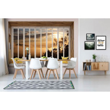 3D Perspektive Fototapete Blick durch Fenster auf nebligen Wald und Bäume im Wohnzimmer.