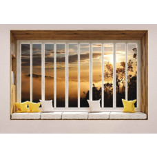 3D Perspektive Fototapete Blick durch Fenster auf nebligen Wald mit Bäumen.