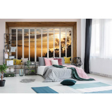 3D Perspektive Fototapete Blick durch Fenster auf nebligen Wald im Schlafzimmer.