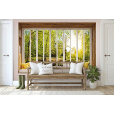 3D Perspektive Fototapete Blick durch Fenster auf sonnigen Wald im Wohnzimmer.