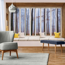 3D-Perspektive Fototapete mit Blick auf einen herbstlichen Wald aus dem Fenster im Wohnzimmer.