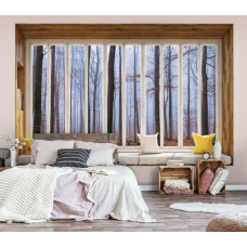 3D-Perspektive Fototapete mit Blick auf einen herbstlichen Wald aus dem Fenster im Schlafzimmer.