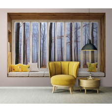3D-Perspektive Fototapete mit Blick auf einen herbstlichen Wald aus dem Fenster im Wohnzimmer.