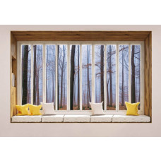 Blick auf einen herbstlichen Wald durch ein Fenster mit 3D-Perspektive Fototapete.